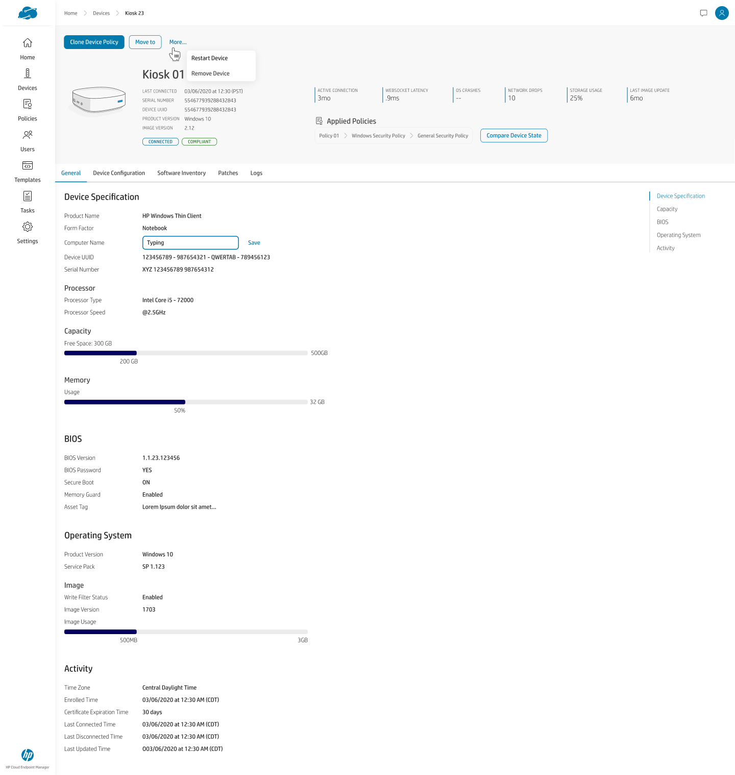 Device detail for Kiosk 01 showing connected and compliant status, live metrics, an applied-policies chain, a More menu with Restart and Remove actions, and tabbed device specification, capacity, BIOS, operating system, and activity sections.